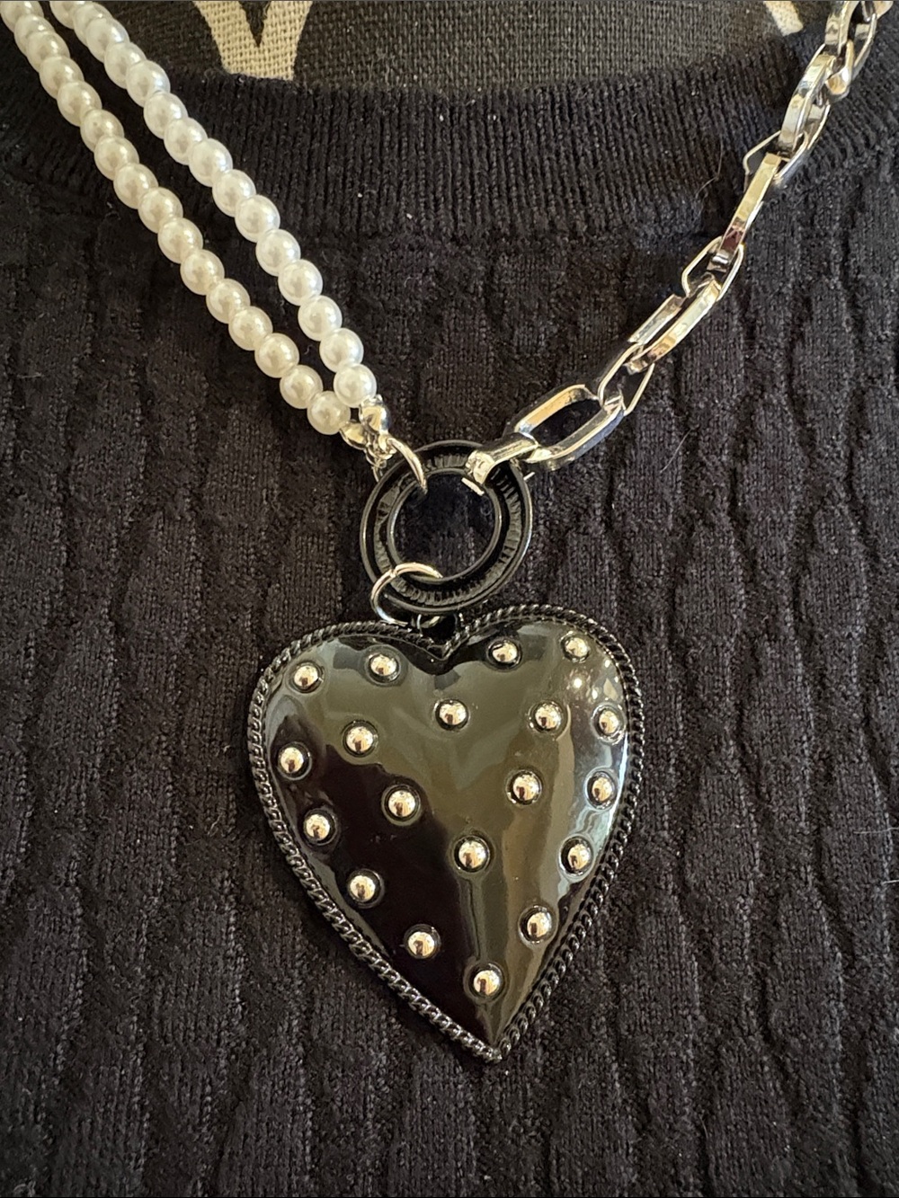 Mixed-Strand Black Heart Pendant Necklace with Pearl Strand and Silver Chain